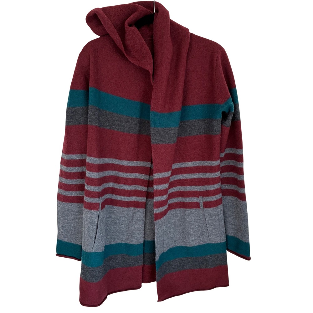 Toad&Co Merino Heartfelt Hoodie Burgundy Striped Open Cardigan Small T1071409 - Picture 2 of 8